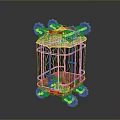 Ornate Metal Cage With Gear Decorations On Top And Rolling Wheels