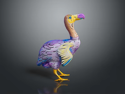Colorful Bird Decoration with Purple Feathers Yellow Legs Pink Beak on Black Glossy Background 3d model