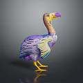 Colorful Bird Decoration with Purple Feathers Yellow Legs Pink Beak on Black Glossy Background