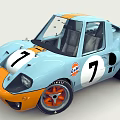 Vintage Gulf Racing Car With Blue And Orange Exterior And Number 7 Logo