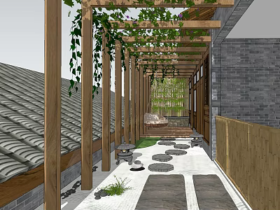 Wooden Pergola With Climbing Vines Stone Path Pebbles Brick Wall And Tile Roof 3d model