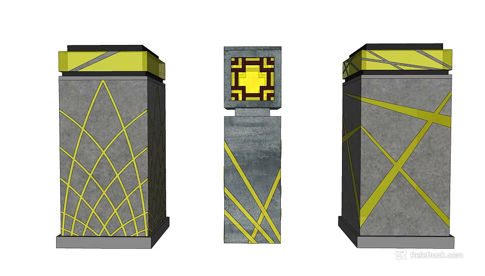 Modern Outdoor Pillar Lights With Geometric Yellow Accent Lines And Concrete Base 3d model 