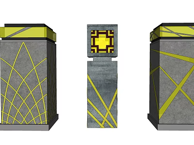Modern Outdoor Pillar Lights With Geometric Yellow Accent Lines And Concrete Base 3d model