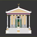 Classical Temple Model With Red Roof White Columns And Golden Decorations Standing Statue Detail