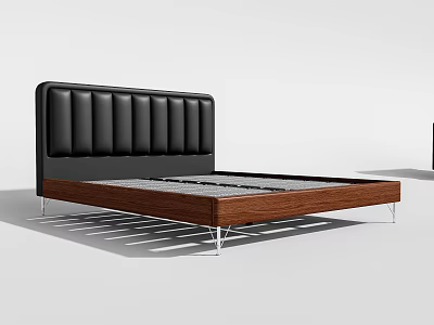 Double Bed With Black Leather Vertical Tufted Headboard Wooden Frame And Silver Metal Legs Modern Style 3d model