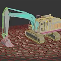 White Excavator 3D Model With Tracks And Bucket On Cracked Stone Ground