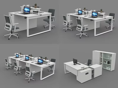 Modern Office Desks with Laptops Ergonomic Chairs Small Plants and Storage Cabinet 3d model