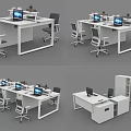 Modern Office Desks with Laptops Ergonomic Chairs Small Plants and Storage Cabinet