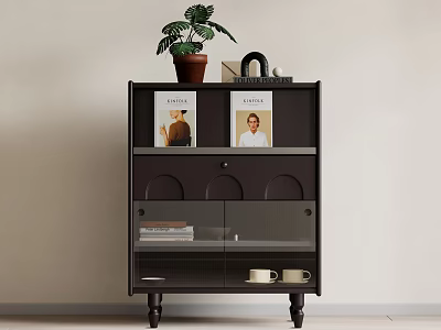 Modern Dark Storage Cabinet with Potted Plant Books Glass Doors and Wheeled Legs 3d model