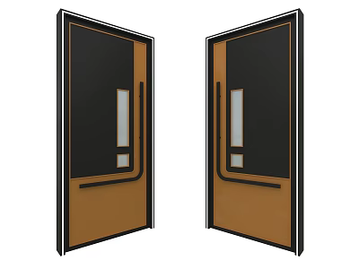 Double Swing Doors With Black Frame Brown Panel And Glass Insert 3d model