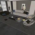 Modern Cozy Living Room Interior With Beige Sofa Wicker Chairs Coffee Table And Striped Rug