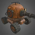 Rusty Orange Armored Mechanical Robot With Large Cannon And Wheels 3d model