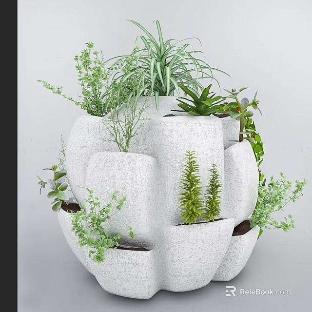 Potted Green Plants in Modern White Planter with Multiple Compartments 3d model 