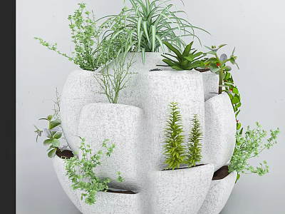 Potted Green Plants in Modern White Planter with Multiple Compartments 3d model