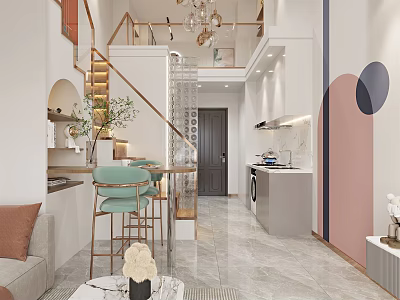 Elegant Modern Apartment Interior With Open Layout Staircase Living Room And Kitchen 3d model