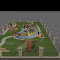Kids Playground with Slide Thatched Umbrellas Wooden Cabin Water Pool Grass Lawn and Sea View