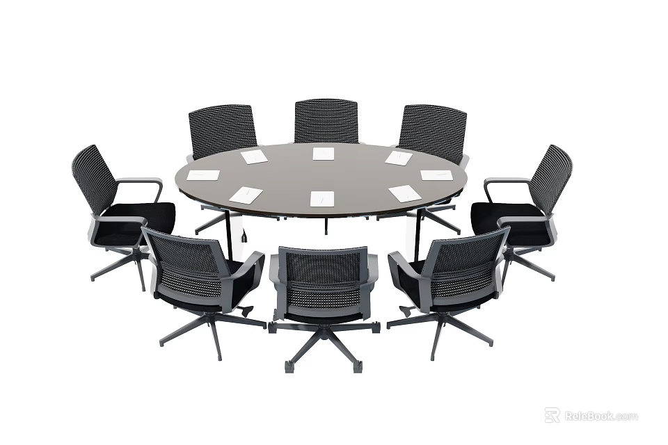 Round Conference Table With Eight Black Chairs And White Papers 3d model