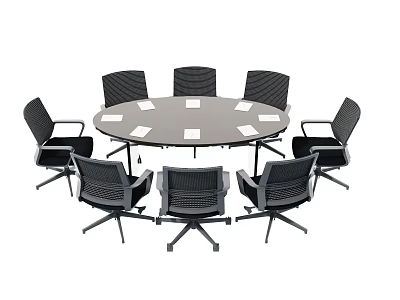 Round Conference Table With Eight Black Chairs And White Papers 3d model