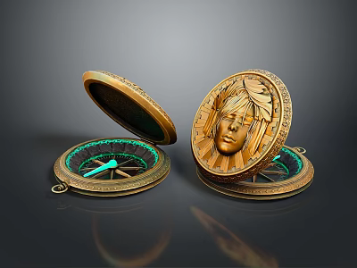 Vintage Brass Compasses With Open Lid Carved Face And Green Pointer 3d model