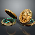 Vintage Brass Compasses With Open Lid Carved Face And Green Pointer 3d model