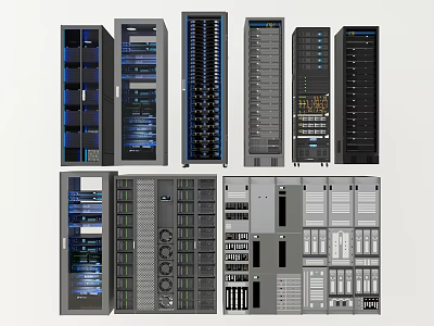Multiple Modern Computer Server Racks With Varied Designs And Internal Components 3d model