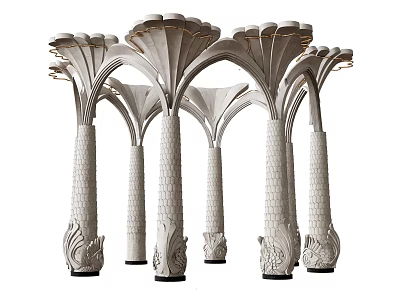 Multiple Elegant White Columns With Petal Shaped Tops And Carved Patterns 3d model