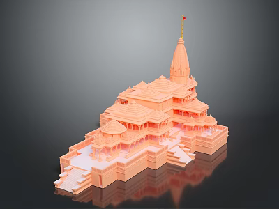 Hindu Temple Architecture With Multi Tiered Roofs Tall Spire Red Flag Orange Exterior Stone Steps 3d model