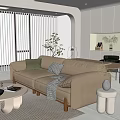 Beige Multi Seater Sofa With Green Checkered Cushions And Throw Blanket In Modern Living Room