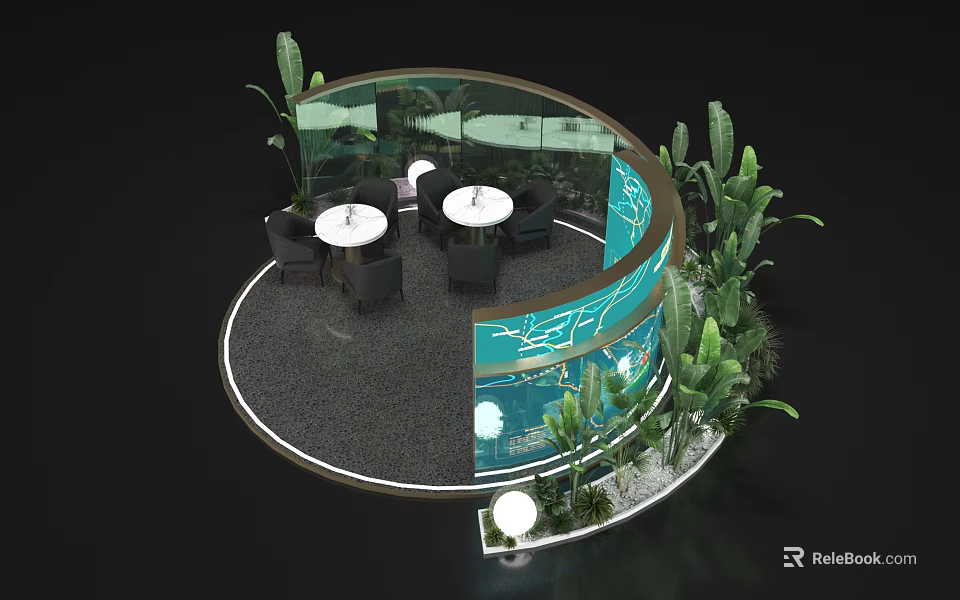 Modern Round Table And Chair Set With Glass Partition Green Plants And Ambient Lighting 3d model 