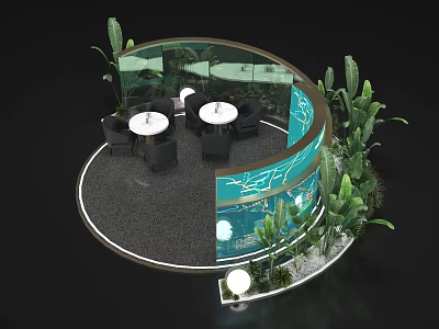 Modern Round Table And Chair Set With Glass Partition Green Plants And Ambient Lighting 3d model