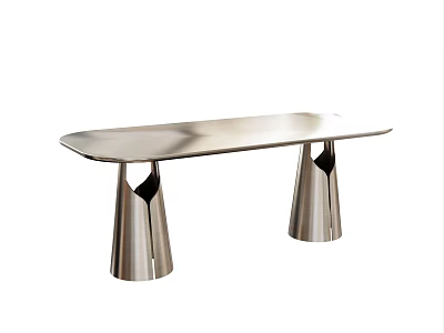 Sleek Stainless Steel Long Rectangular Dining Table With Conical Metal Legs And Polished Surface 3d model