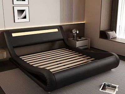 Modern Black Leather Double Bed With LED Strip Headboard Slatted Base Nightstand Lamp Wall Art 3d model