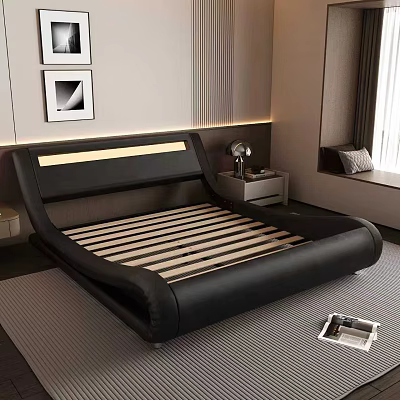 Modern Black Leather Double Bed With LED Strip Headboard Slatted Base Nightstand Lamp Wall Art 3d model