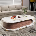 Modern Oval Coffee Table With White Marble Top Gold Veins And Walnut Base 3d model