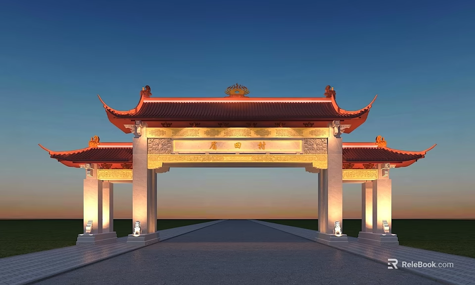 Traditional Chinese Archway with Red Curved Eaves Golden Inscriptions Illuminated Pillars and Blue Sky 3d model 