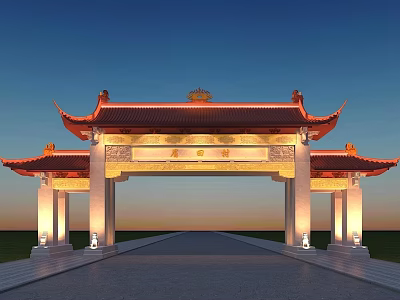 Traditional Chinese Archway with Red Curved Eaves Golden Inscriptions Illuminated Pillars and Blue Sky 3d model