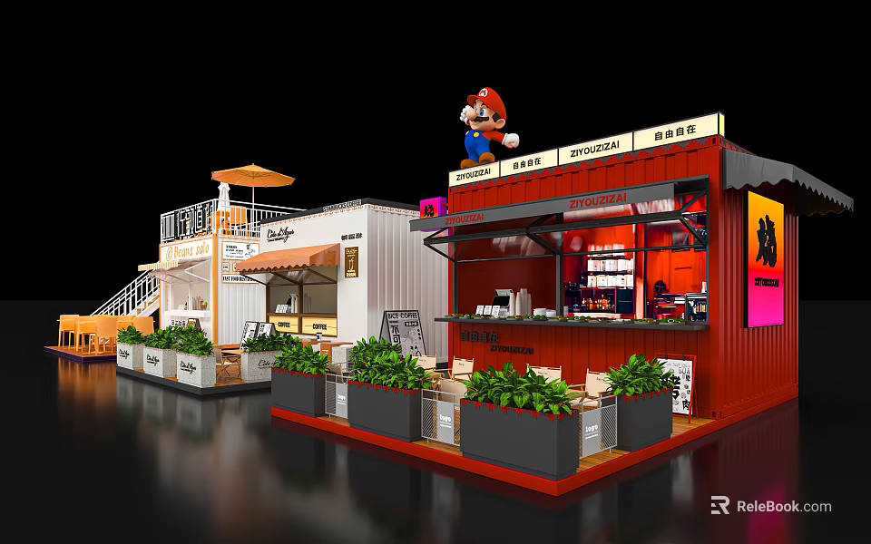 Creative Container Style Milk Tea Shop With Cozy Outdoor Seating And Cute Themed Decoration 3d model 