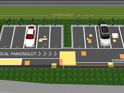 ZHENRO Parking Lot With Organized Spaces Red White Vehicles And Directional Arrows 3d model