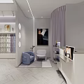 Modern Luxury Cosmetics Store Interior With White Purple Display Shelves Sofa Front Desk And LOGO