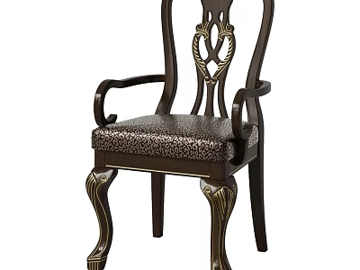 Classic Dark Wooden Leisure Chair With Carved Legs Armrests And Patterned Upholstered Seat 3d model