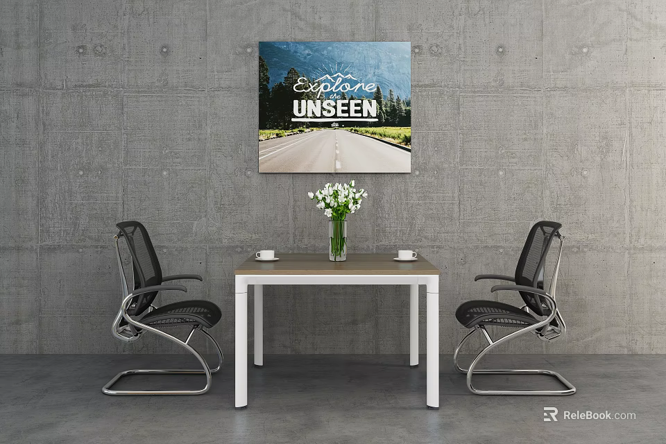 Modern Meeting Room with Gray Wall Table Chairs Vase with Flowers and Scenic Artwork 3d model 