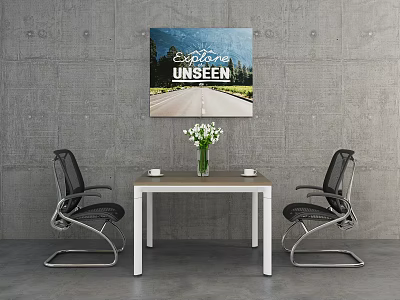 Modern Meeting Room with Gray Wall Table Chairs Vase with Flowers and Scenic Artwork 3d model