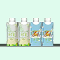 Pure Milk Beverage In Green And Blue Packaging With Cartoon Design Bottles