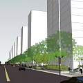 Commercial Urban Landscape With Outdoor Seating Umbrellas Trees And Pedestrians