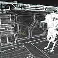 Black Alien Creature with Outstretched Arms in Industrial Metal Room with Control Panels and Screens