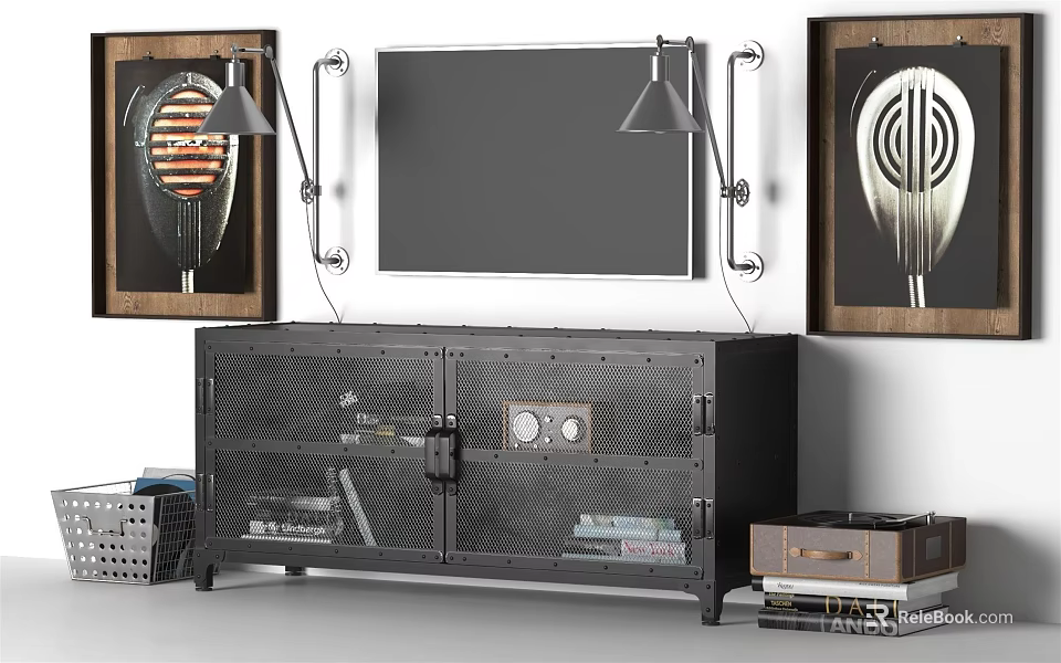 Industrial Black TV Stand With Mesh Doors Wall Lamps And Framed Art Decor 3d model 