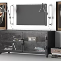 Industrial Black TV Stand With Mesh Doors Wall Lamps And Framed Art Decor