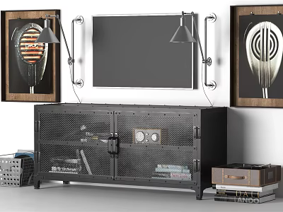 Industrial Black TV Stand With Mesh Doors Wall Lamps And Framed Art Decor 3d model