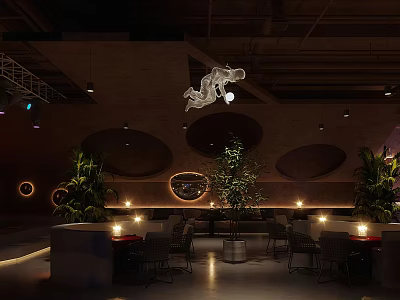 Cozy Bar Interior With Dark Wooden Structure Unique Chandelier Circular Decorations And Green Plants 3d model