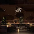 Cozy Bar Interior With Dark Wooden Structure Unique Chandelier Circular Decorations And Green Plants